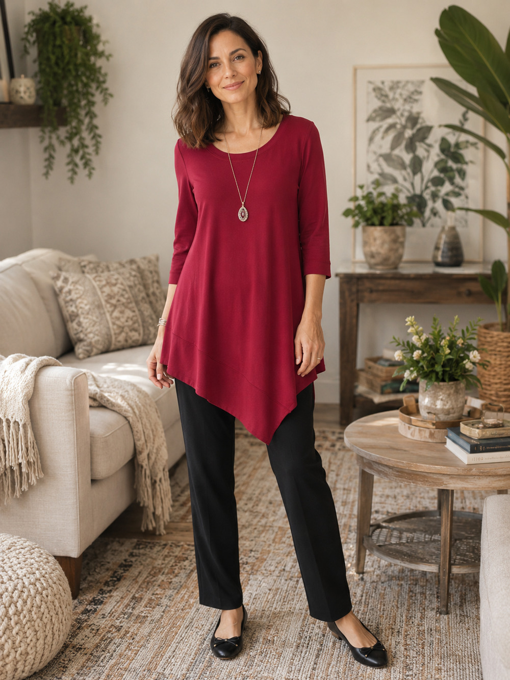Eva Varro Tunic Top XL Red Asymmetrical Hem 3/4 Sleeve Stretch Knit Packable